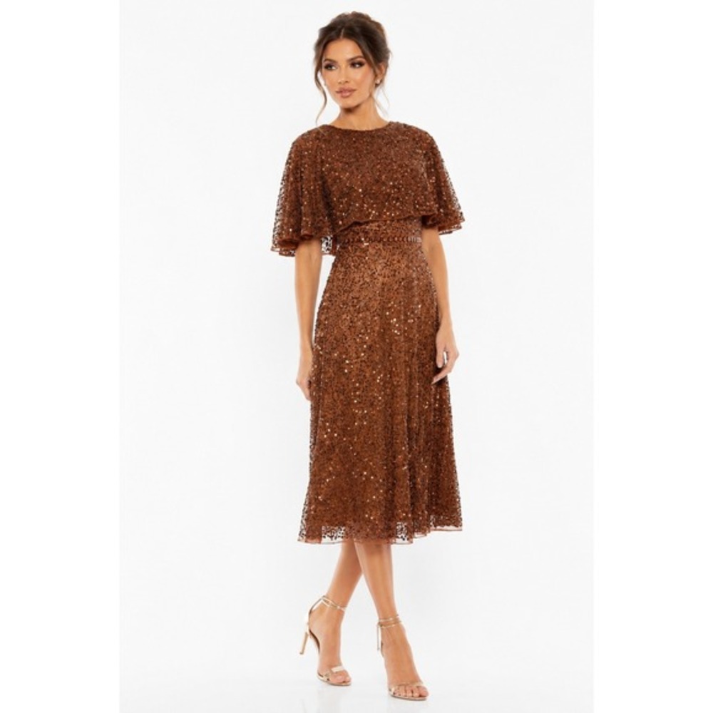 Mac Duggal 5577 Copper Sequin‎ Capelet Midi Dress Size 0 Formal Gala Flawed NWT